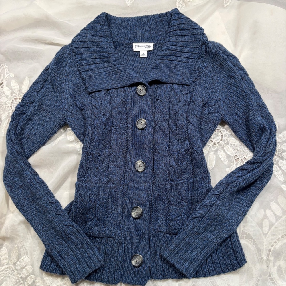 Y2K Fall Fisherman Navy Blue Cable Knit Cardigan Sweater Button Front S